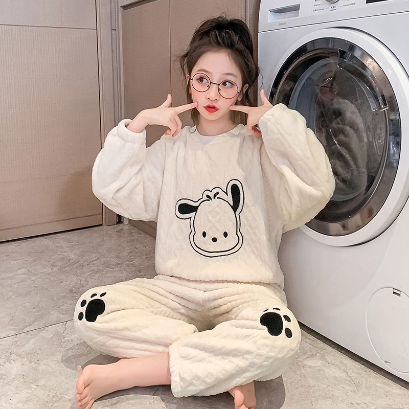 兒童睡衣秋冬中童女孩冬季法蘭絨家居服套裝女童冬款加絨加厚睡衣