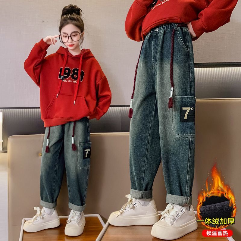 女童加絨牛仔褲秋冬款兒童加厚蘿蔔哈倫褲冬季中大童休閒女孩褲子