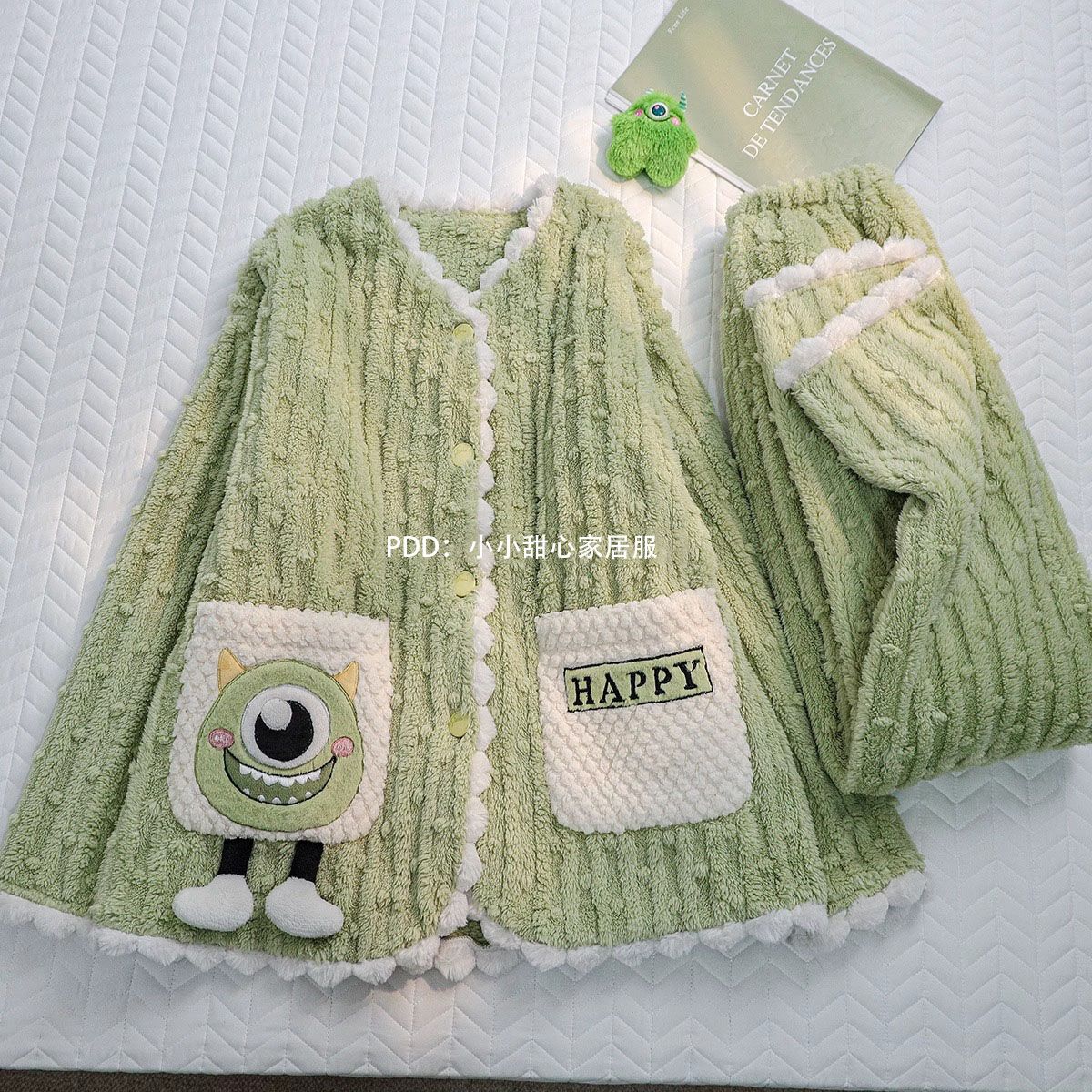 卡通可愛大眼仔珊瑚絨睡衣女秋冬季開衫甜美法蘭絨保暖家居服套裝