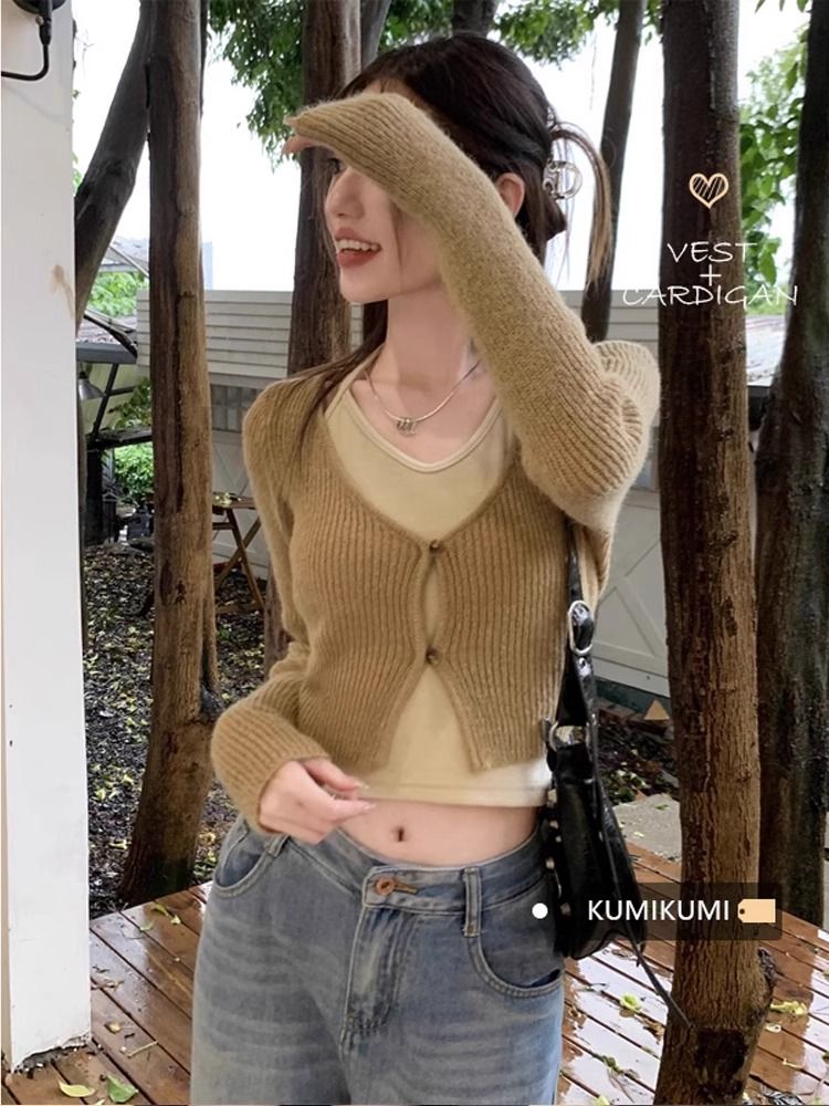 辣妹套裝女掛脖吊帶背心秋季卡其色長袖針織衫短款外套時尚兩件套