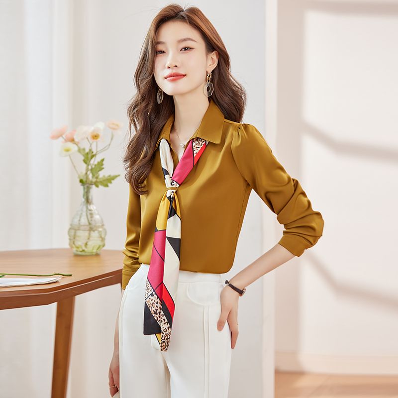 長袖醋酸襯衫女春秋2023新款氣質設計感時尚絲巾飄帶v領上衣襯衣