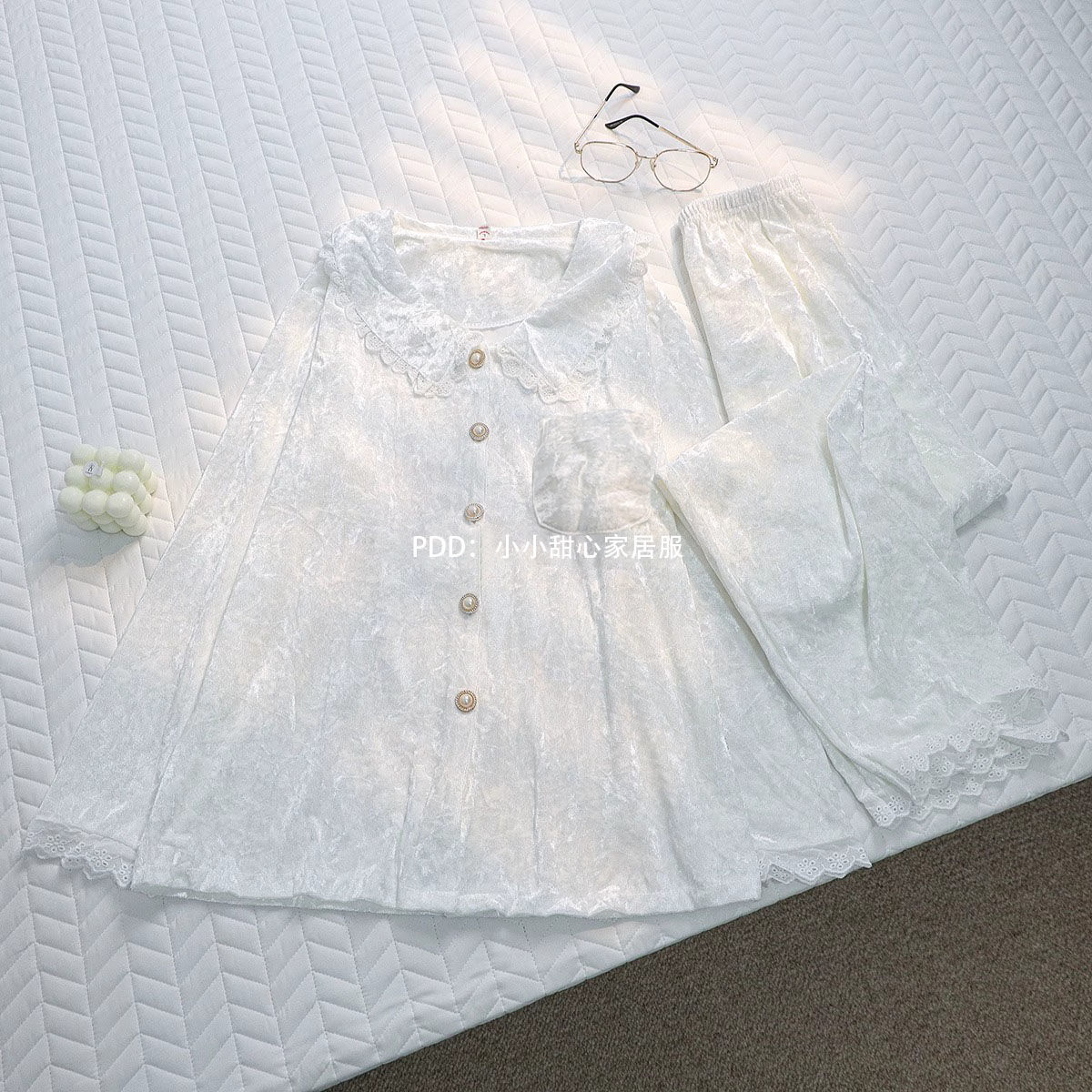 高级感金丝绒睡衣女秋冬季白色甜美公主风娃娃领可外穿家居服套装