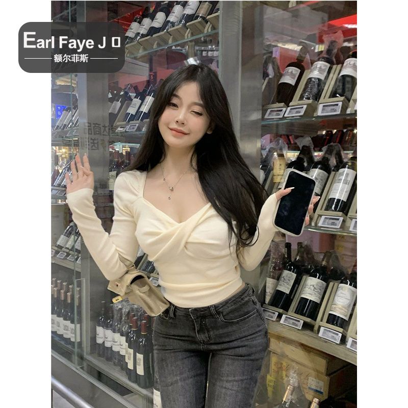 Hot girl trendy brand V-neck long-sleeved T-shirt women's casual versatile slim-fitting inner layering shirt new 2023 spring and autumn top