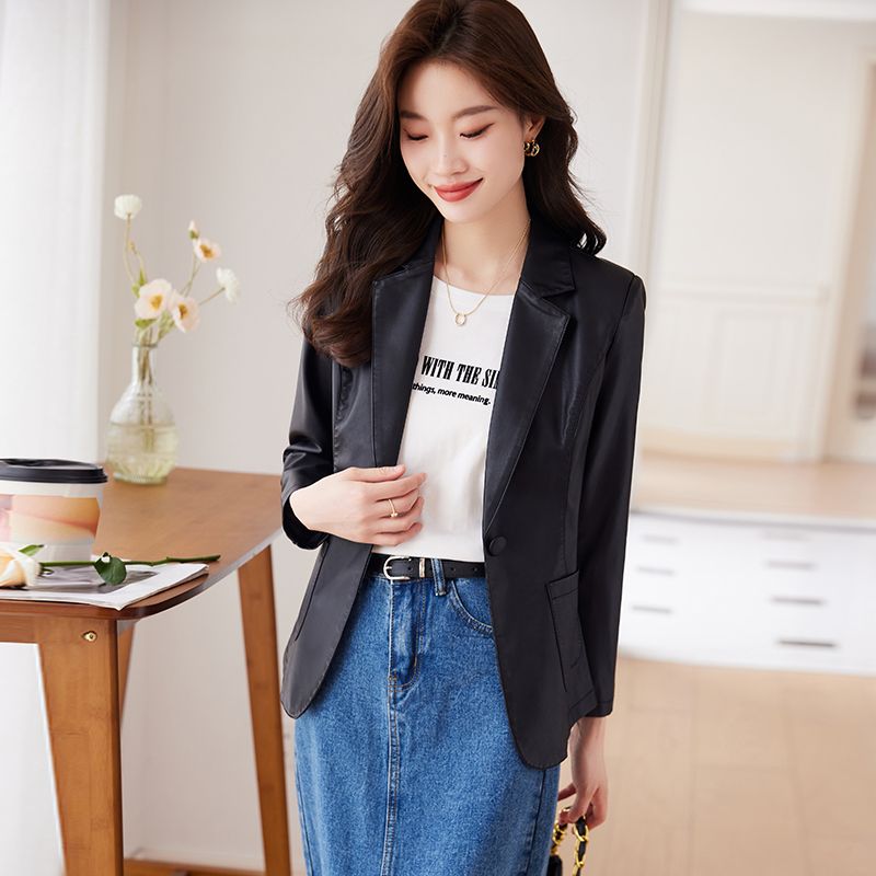 Brown leather jacket for women  new style small spring, autumn and winter popular tops casual temperament suit leather jacket