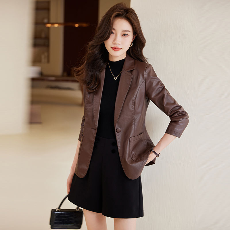 Brown leather jacket for women  new style small spring, autumn and winter popular tops casual temperament suit leather jacket