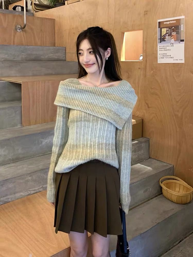 氣質套裝撞色一字肩針織衫毛衣女裝秋季百褶半身裙復古辣妹兩件套