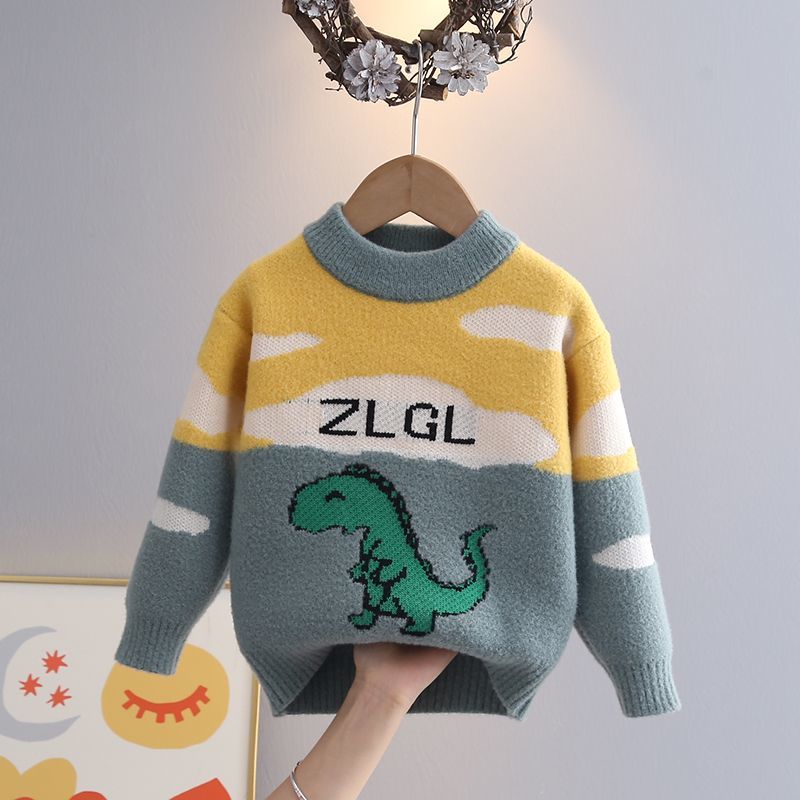毛衣男童2023新款冬季洋气卡通恐龙小童加绒保暖儿童针织内搭上衣