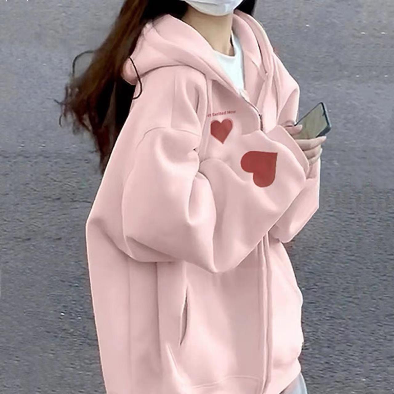 202春秋款甜美粉色連帽衛衣外套女oversize寬鬆垂墜感慵懶風外穿