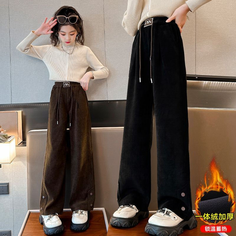 女童秋冬加絨闊腿褲2023新款洋氣女大童加厚一體絨直筒褲冬季長褲