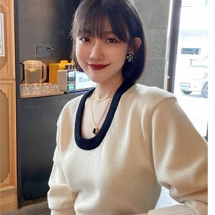 Solid color u-neck sweater for women in autumn and winter thickened inner design niche lazy style short bottoming knitted top