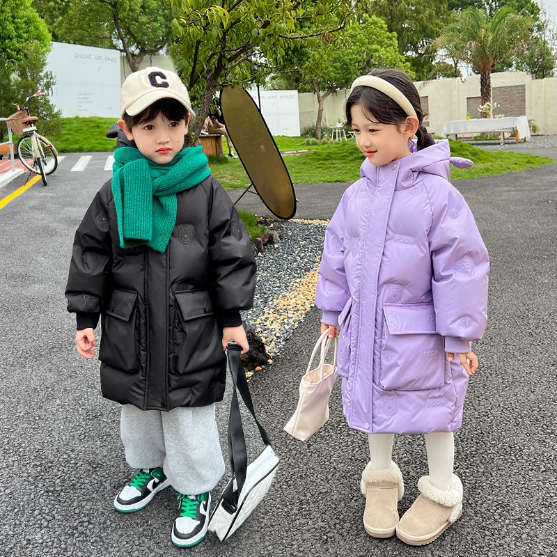 Girls' down jacket mid-length  winter new style boys' white duck down children's wear thickened warm hooded jacket