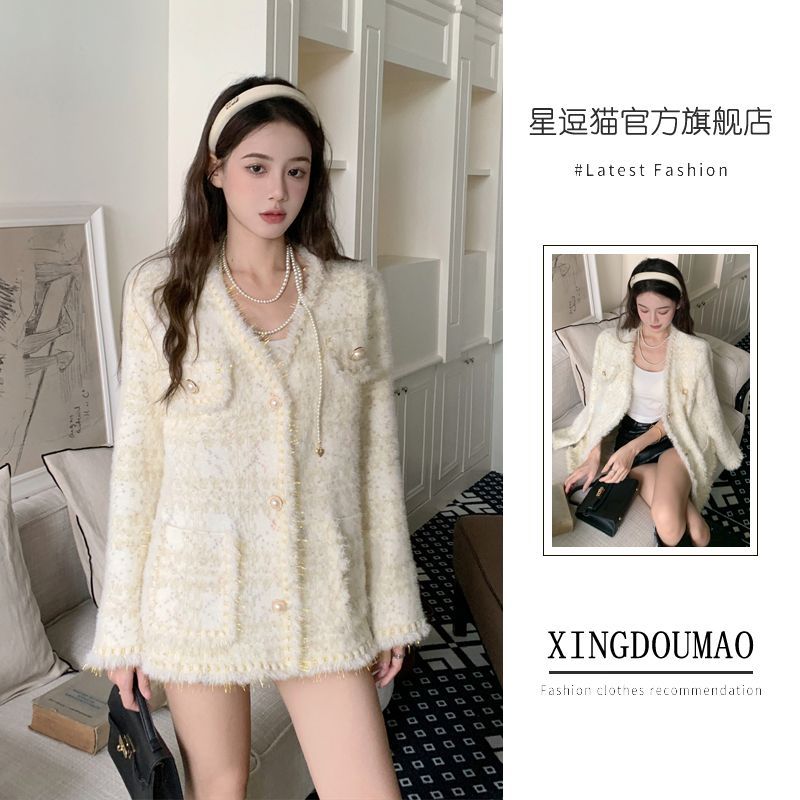 Woolen coat for women 2023 autumn and winter new style French beaded tassel thick flower loose slimming small fragrant knitted cardigan