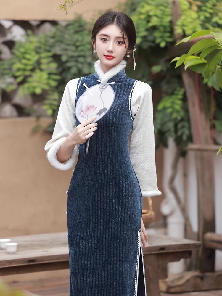 旗袍冬款2023新款年輕款長袖加厚加絨改良國風長款連衣裙少女冬季