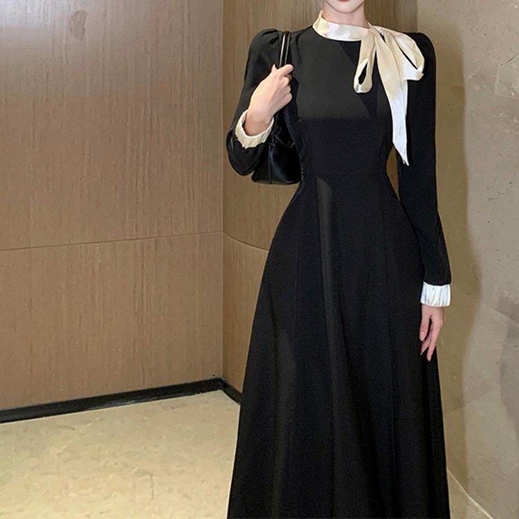 頂樓千金氣質名媛浪漫長裙禮服小香風黑色長袖顯瘦大碼連衣裙女