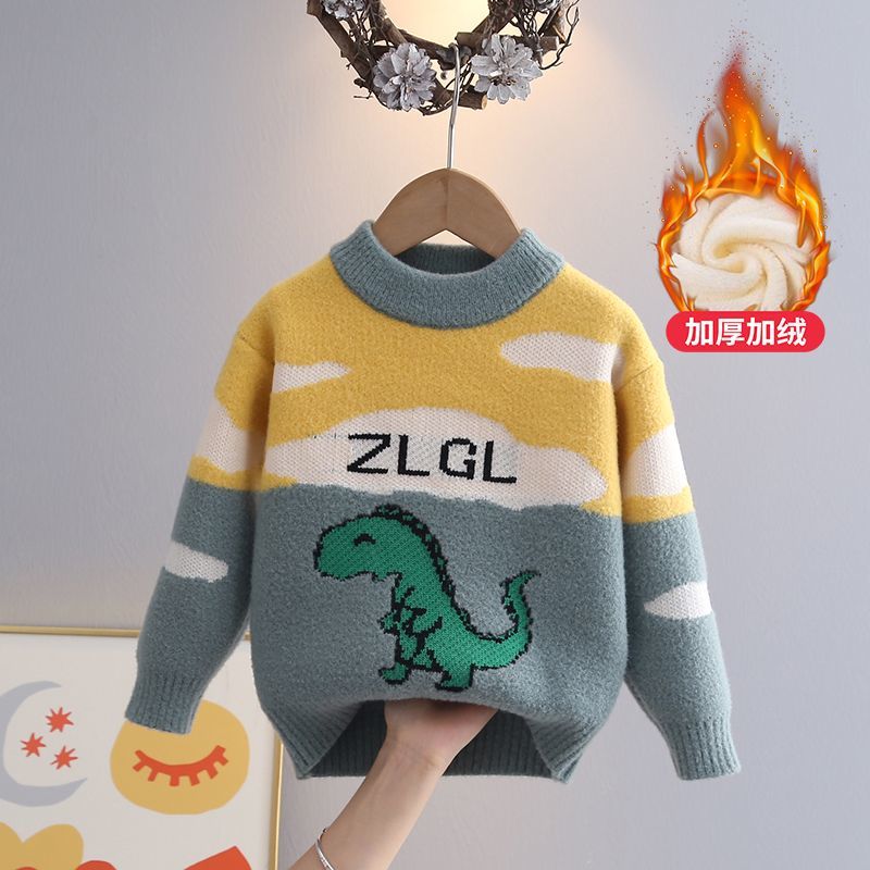 毛衣男童2023新款冬季洋气卡通恐龙小童加绒保暖儿童针织内搭上衣