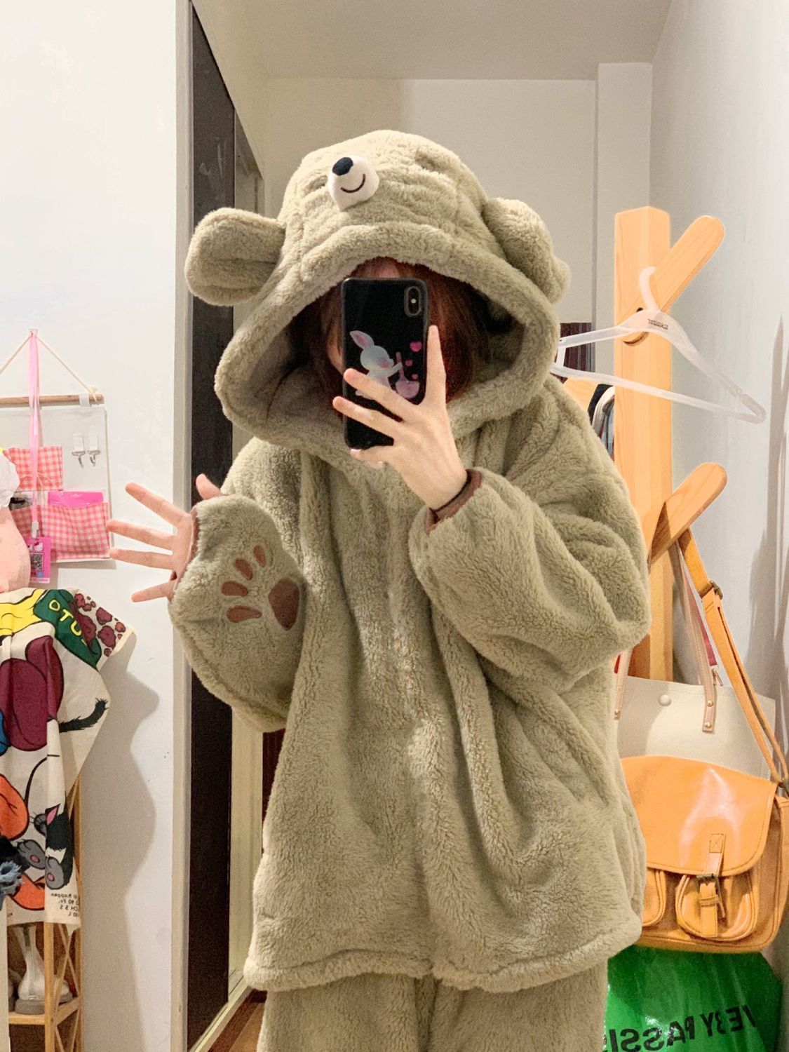 甜美可愛小熊珊瑚絨睡衣女冬季新款加絨加厚保暖法蘭絨家居服套裝
