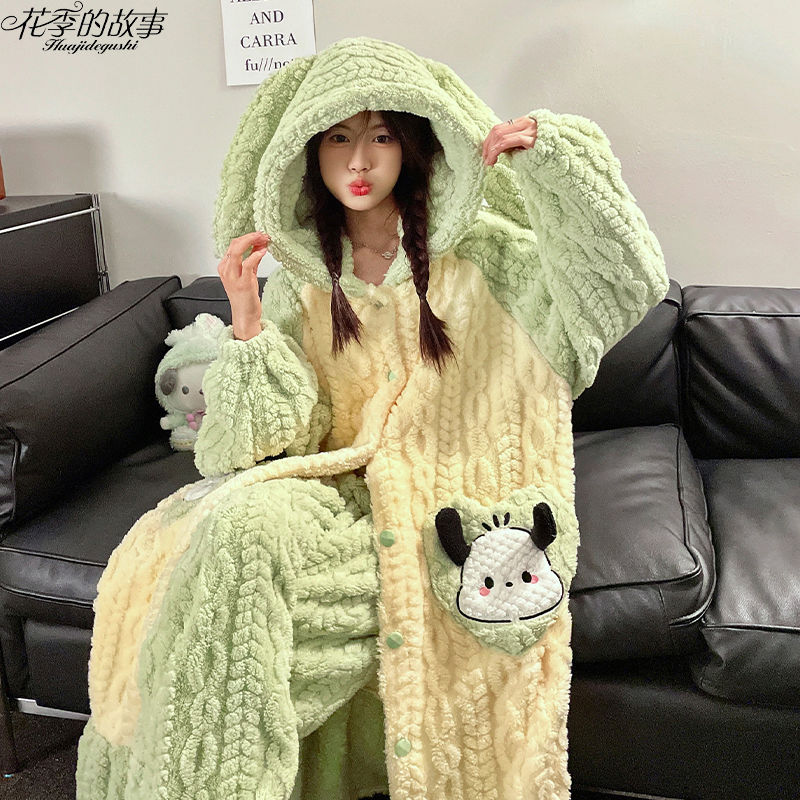 花季的故事珊瑚絨睡衣女冬季連帽睡袍加絨保暖可愛風帕恰狗家居服