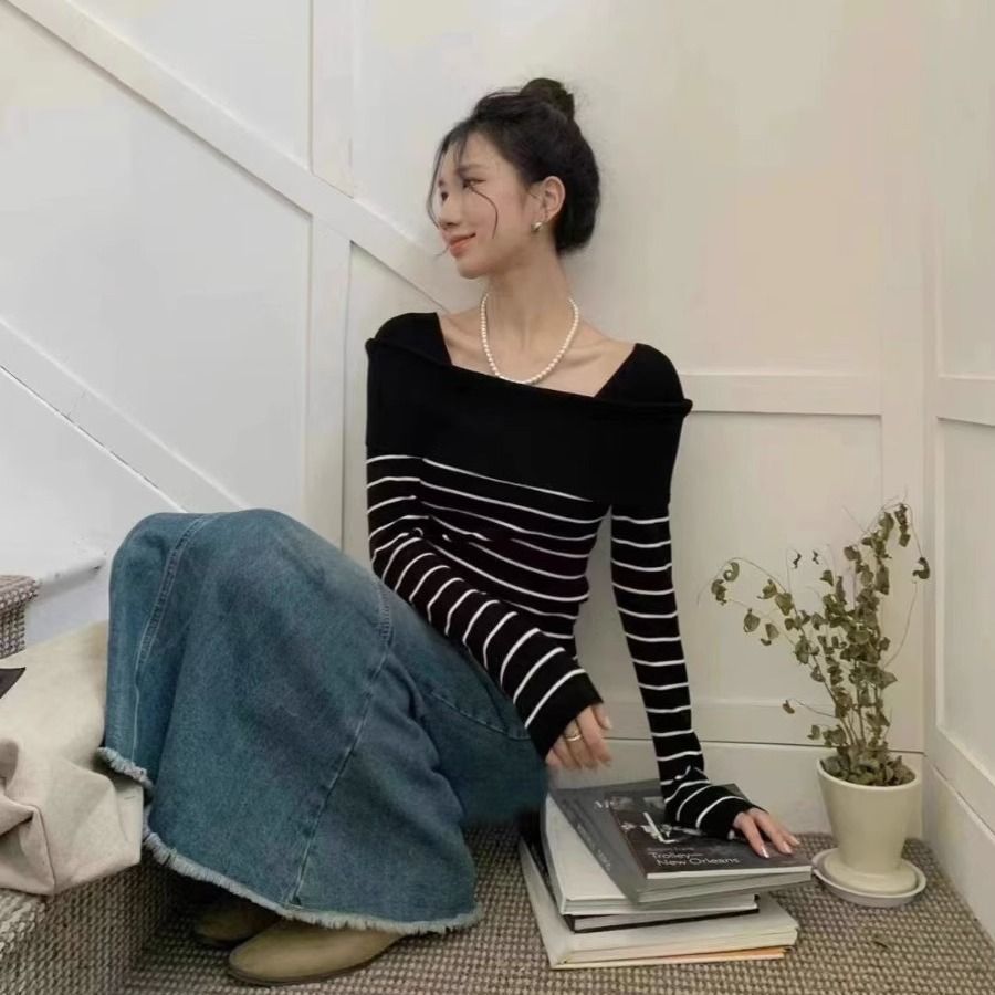 2023秋冬新法式甜美一字肩條紋針織衫設計感長袖上衣女修身百搭女