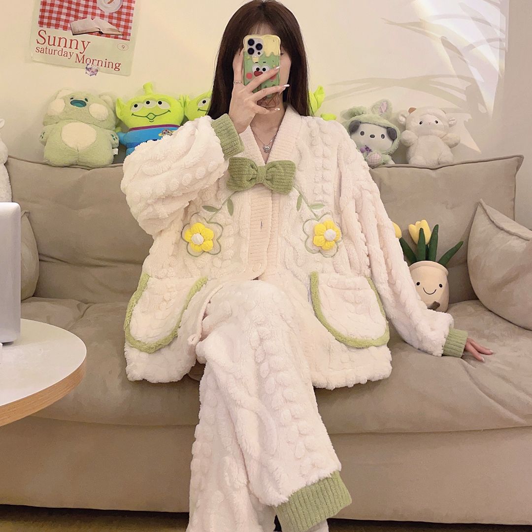 睡衣女秋冬季2023年新款珊瑚絨加絨加厚冬天法蘭絨春秋家居服套裝