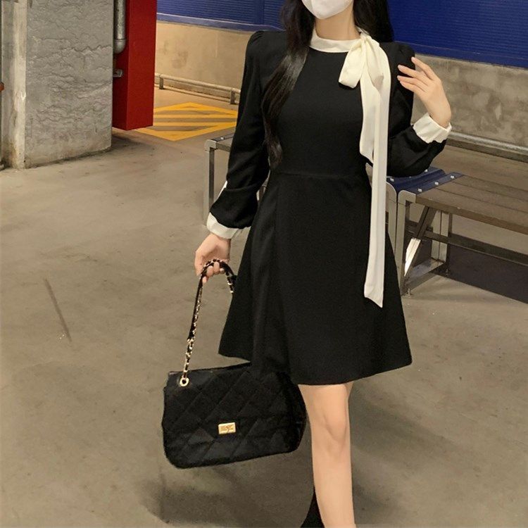 法式名媛氣質長裙高端輕奢禮服高級感小香風大碼黑色連衣裙女秋裝