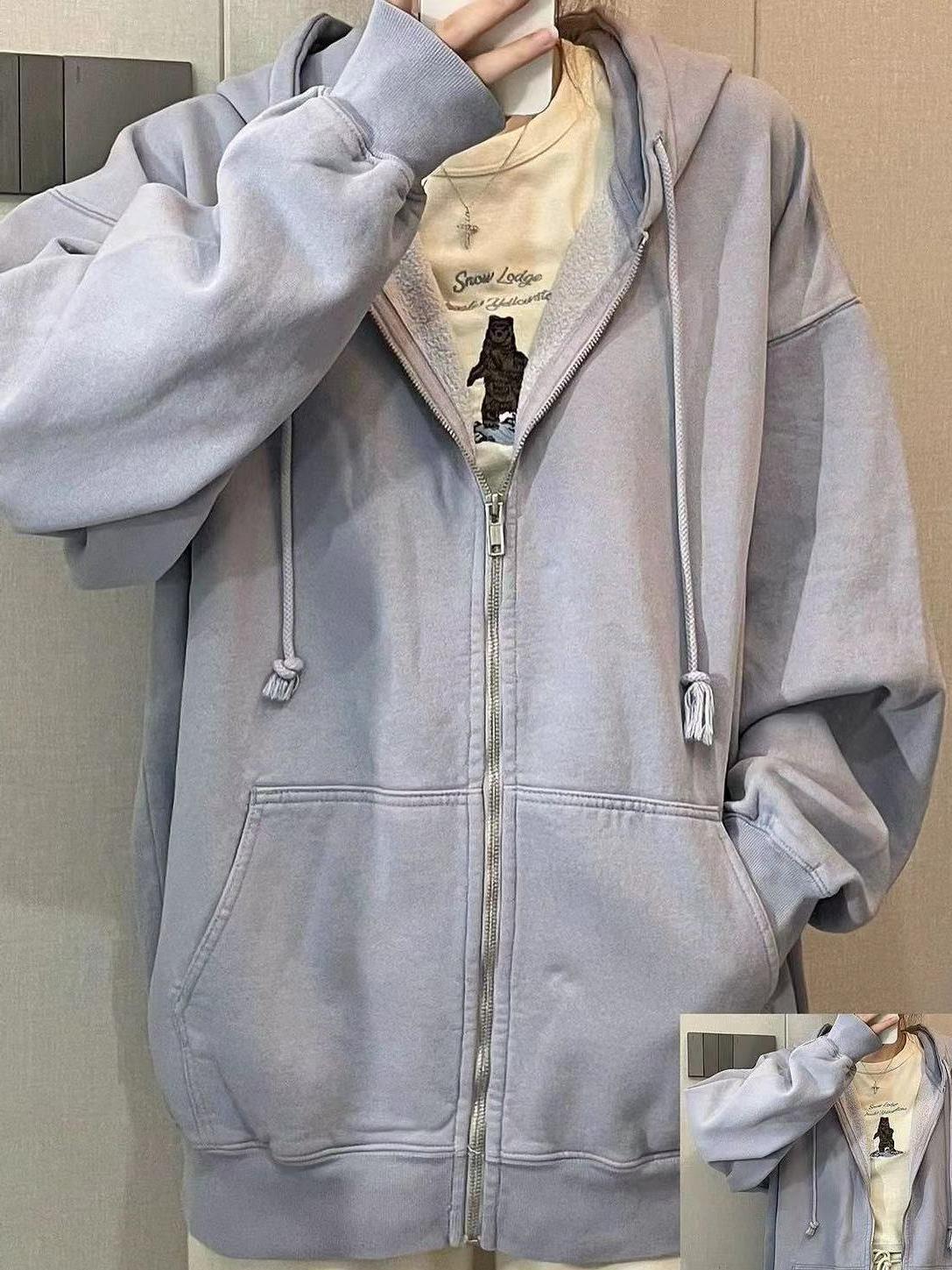 水粉藍連帽衛衣外套女秋季寬鬆休閒顯瘦小個子韓系慵懶風開衫外穿