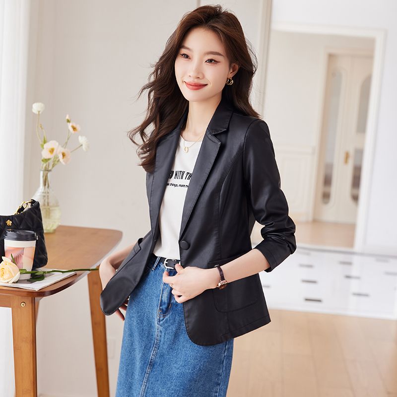 Brown leather jacket for women  new style small spring, autumn and winter popular tops casual temperament suit leather jacket