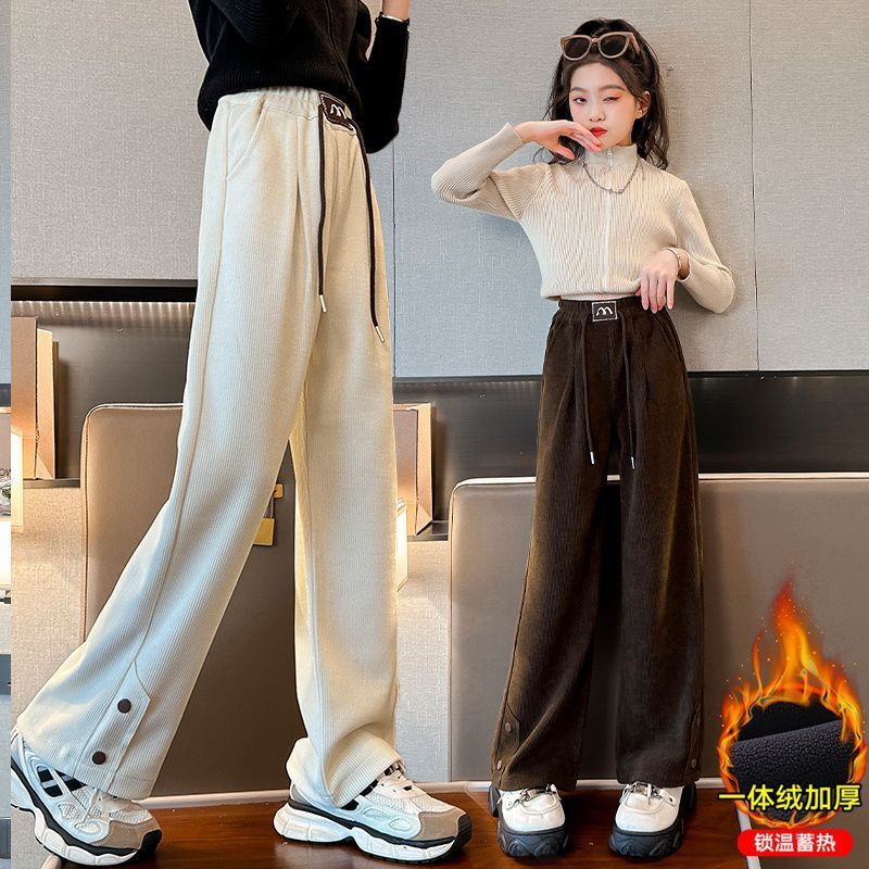 女童褲子秋冬款中大童寬鬆休閒冬季加絨加厚一體絨冬裝兒童闊腿褲