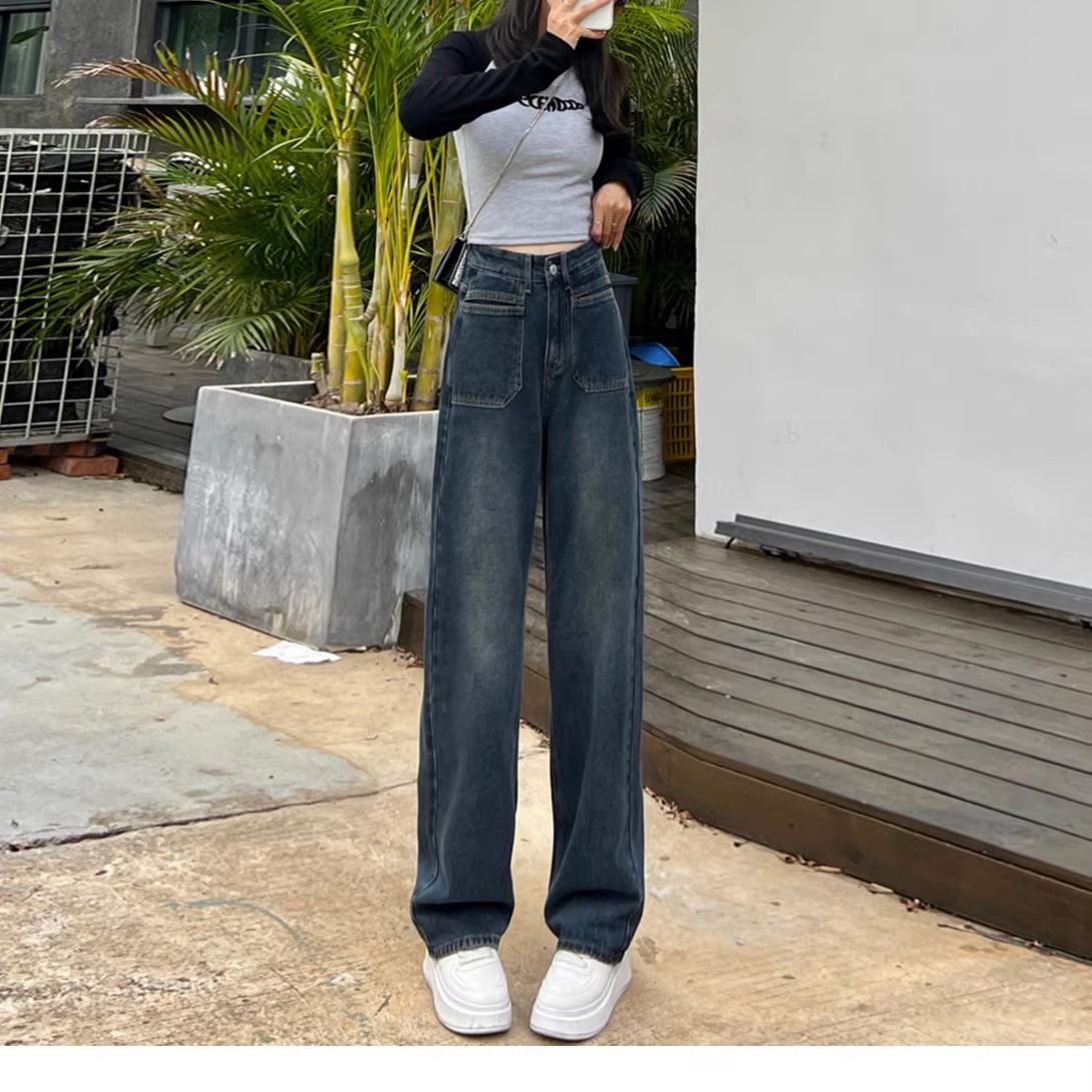 大碼口袋設計直筒牛仔褲女2023年秋冬新款高腰寬鬆顯瘦闊腿長褲子