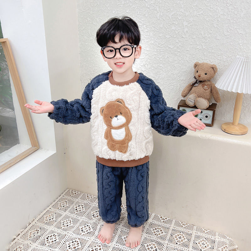 Boys' flannel pajamas autumn and winter round neck children's thickened coral velvet split boy baby winter home clothes