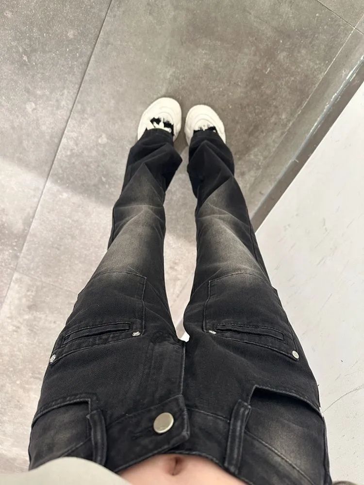 美式vibe高街微喇叭牛仔褲女秋冬黑色高腰修身顯瘦闊腿褲子ins潮