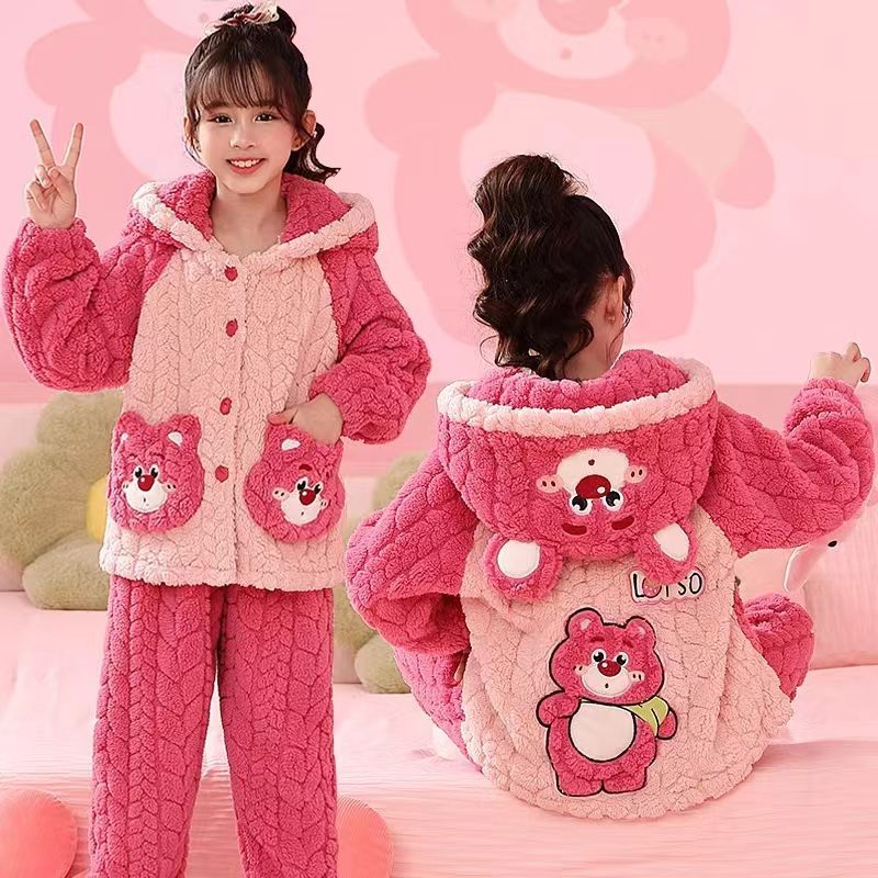 秋冬季加厚儿童睡衣女孩珊瑚绒可爱草莓熊女童小孩保暖大童家居服