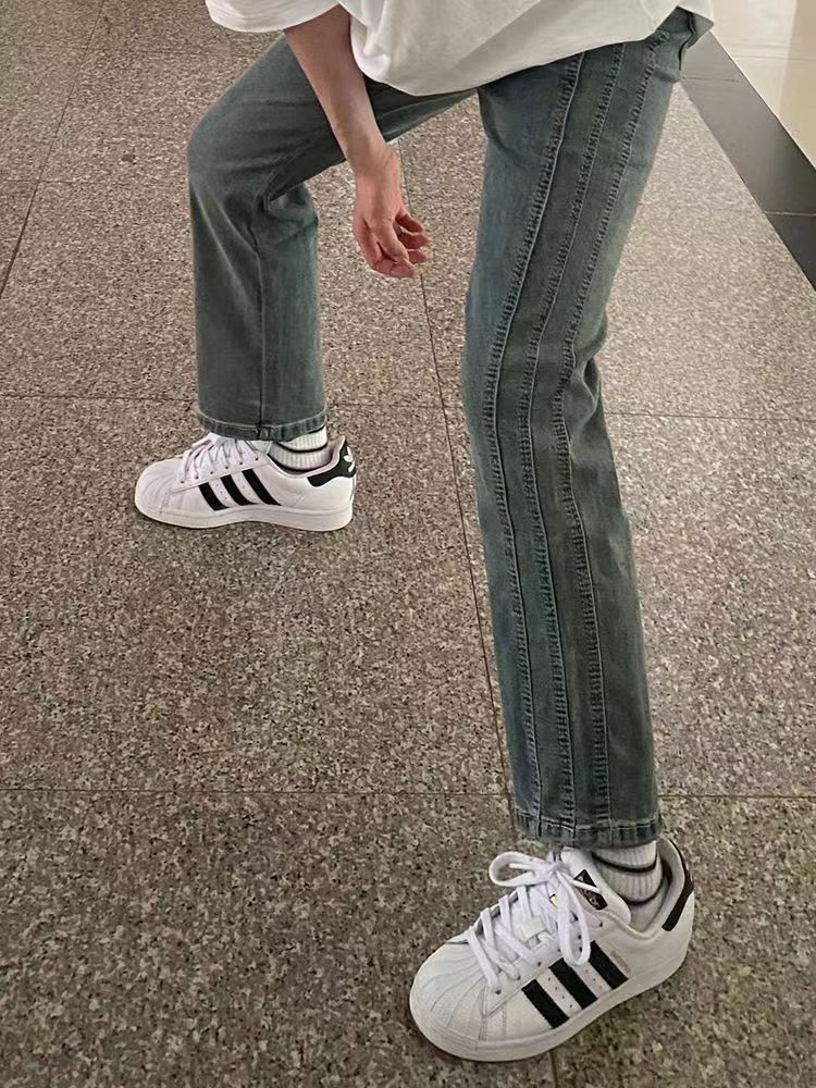 港風復古九分直筒牛仔褲女秋季新款高腰寬鬆闊腿顯瘦百搭煙管褲子