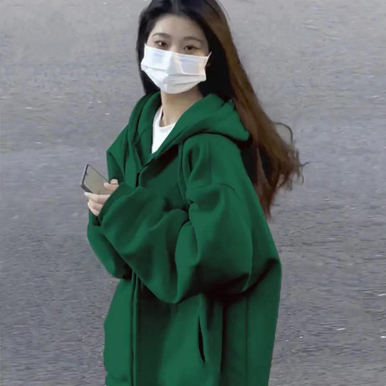 復古chic墨綠色連帽衛衣外套女秋冬季加絨加厚oversize慵懶風開衫
