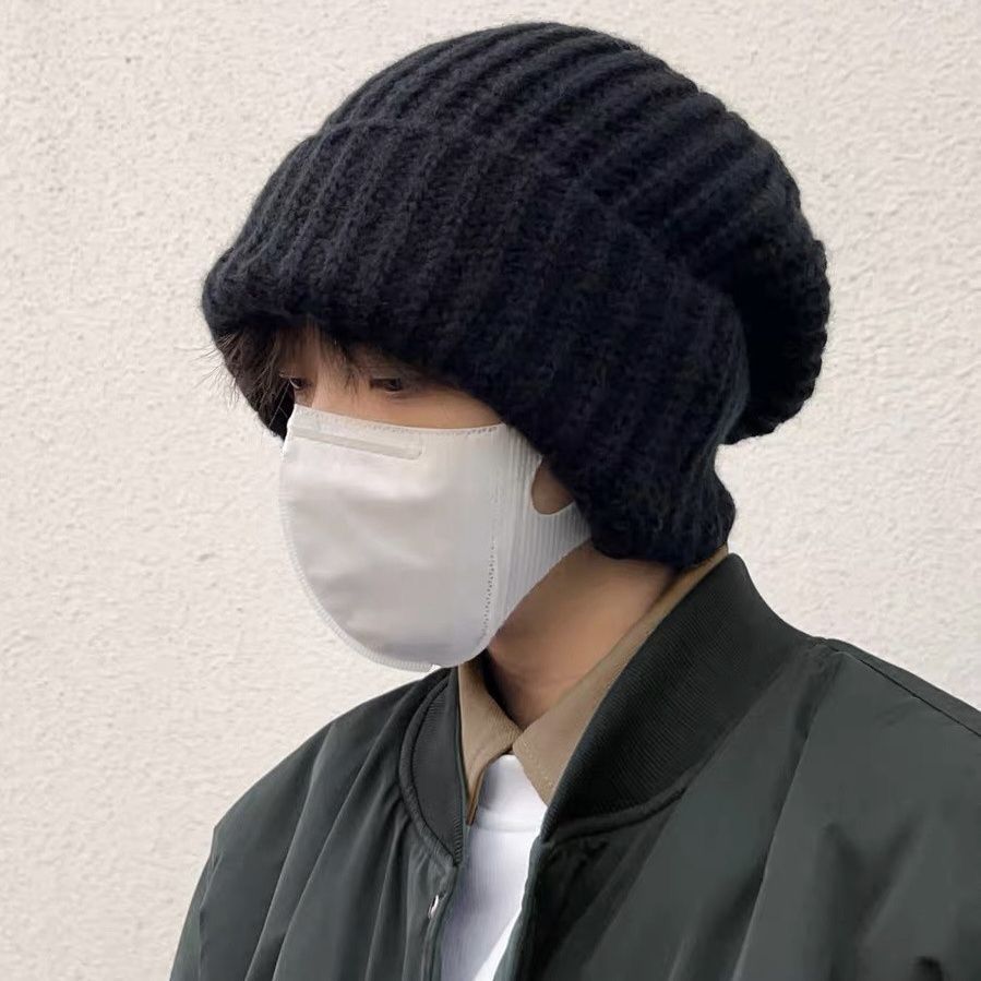 Hat men's winter large head circumference knitted hat men's warm woolen hat trendy winter pile hat men's cold hat cotton hat