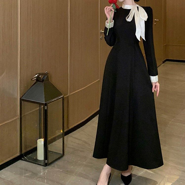 赫本風高級感小黑裙法式氣質名媛小香風連衣裙晚禮服大碼長裙秋冬