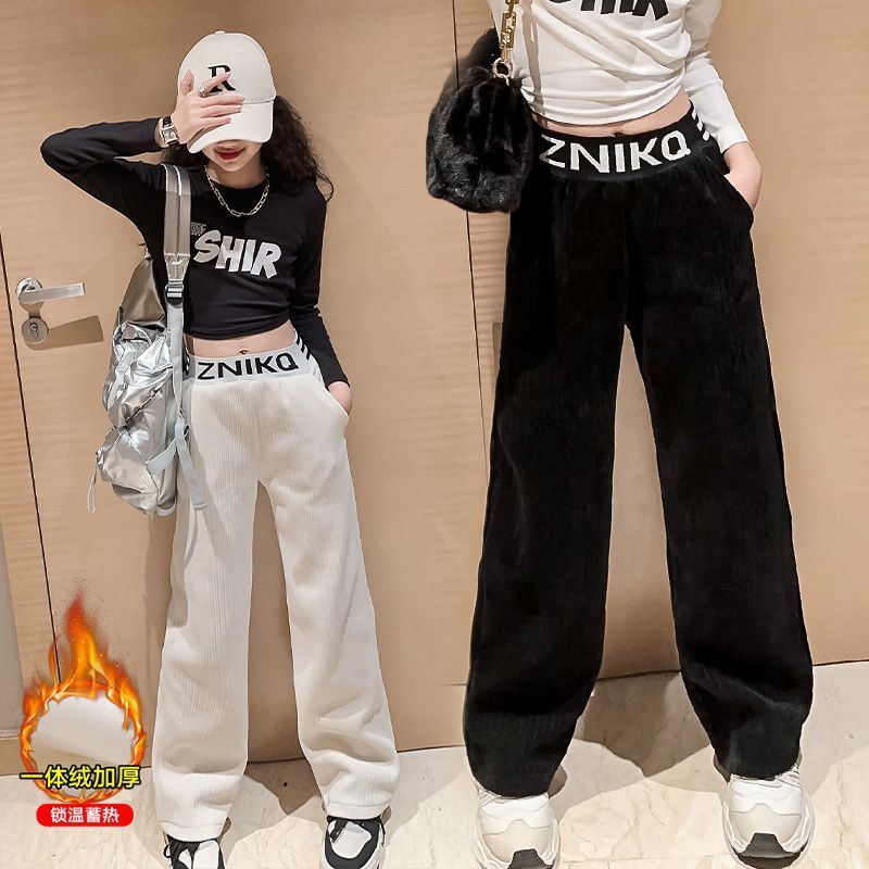 女童加絨褲子秋冬季2023新款加厚雪尼爾長褲中大兒童一體絨闊腿褲