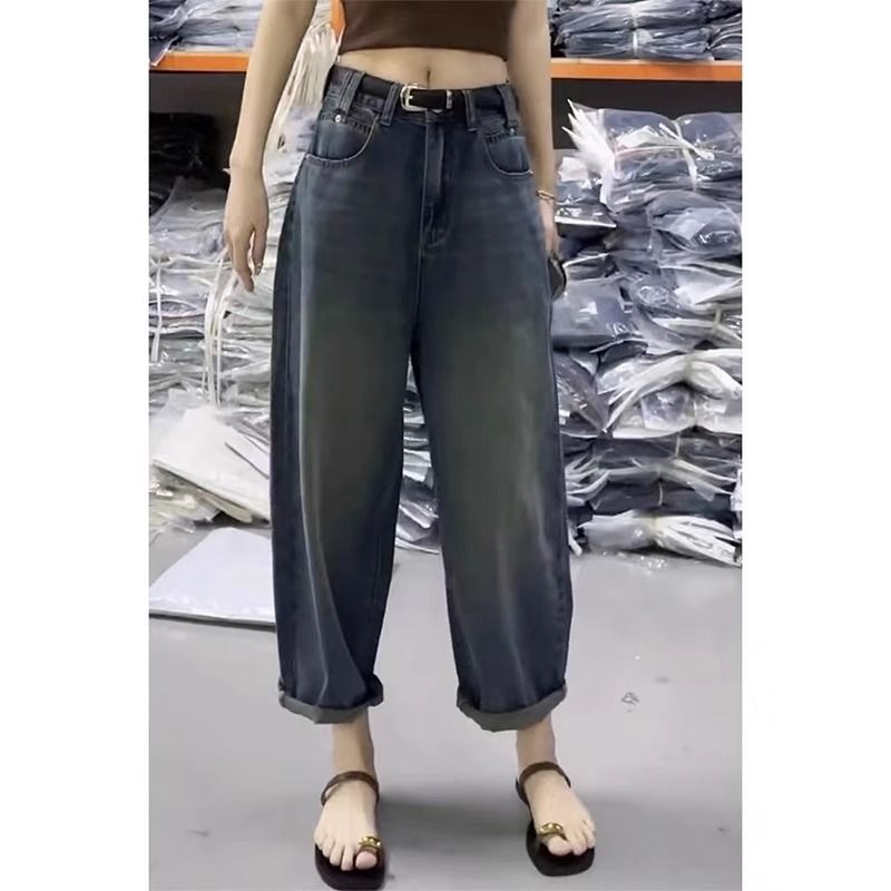 大碼梨形身材哈倫牛仔褲女2023年秋冬新款高腰顯瘦寬鬆九分老爹褲