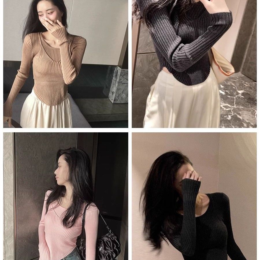 2023美拉德韓系秋冬新款設計感十足假兩件設計針織長袖毛衣女修身