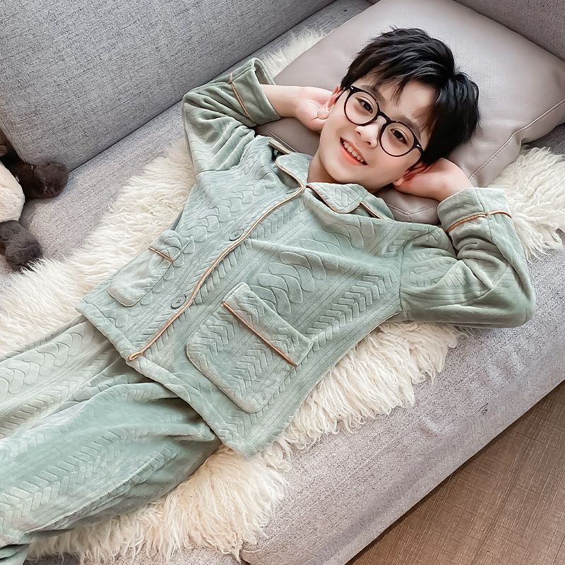 Boys' pajamas autumn and winter coral velvet medium and large children's warm and stylish thin velvet suits spring and autumn boys' home clothes