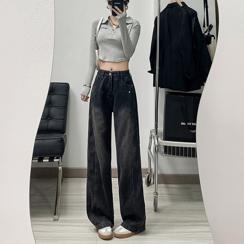 復古水泥灰窄版闊腿牛仔褲女2023新款爆款秋冬季高腰直筒垂感褲子