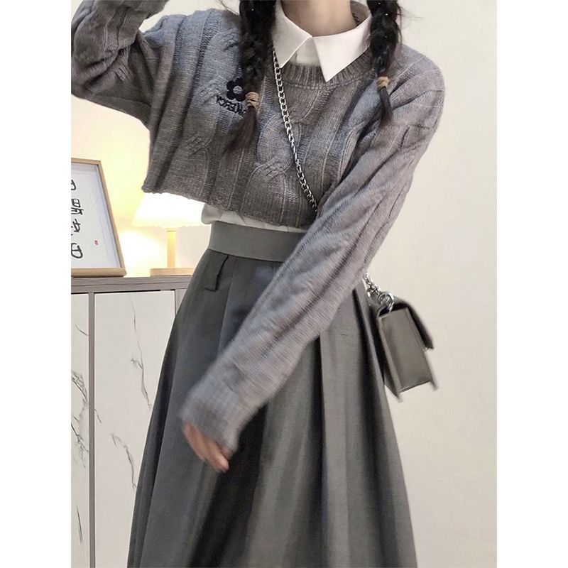 學院風灰色毛衣半身裙兩件套裝連衣裙女秋冬裝搭配茶系穿搭一整套