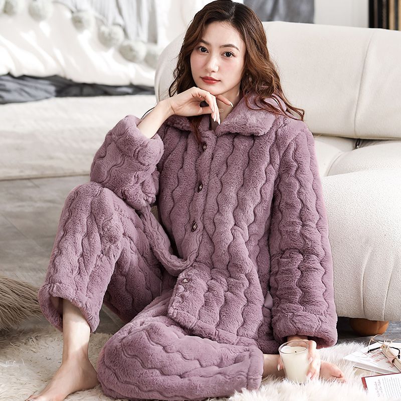 南极人睡衣女士珊瑚绒秋冬季夹棉三层加绒加厚冬季超厚兔绒家居服
