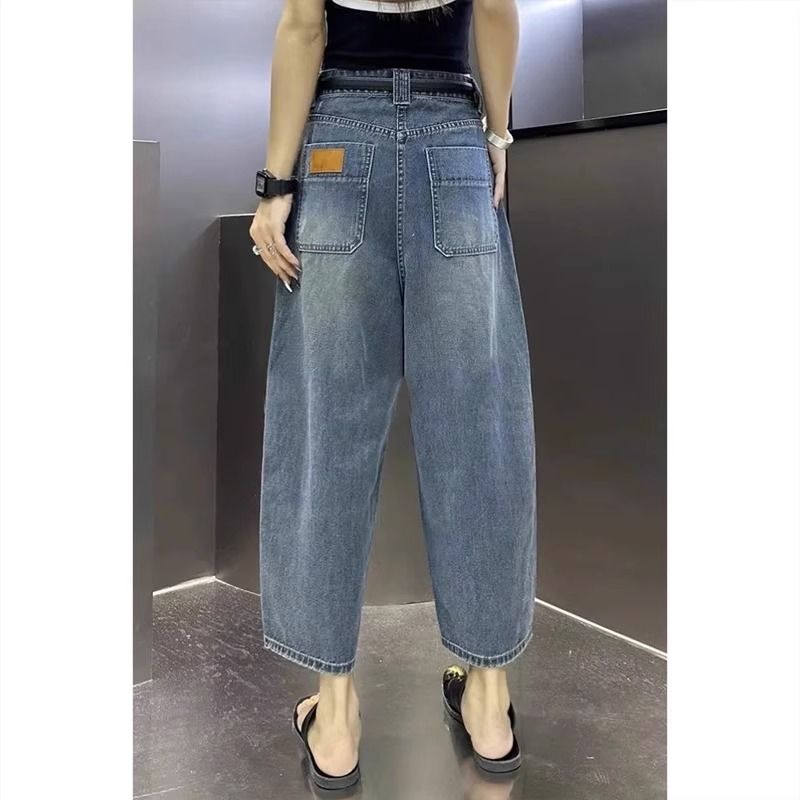大碼梨形身材老爹牛仔褲女2023年秋冬新款高腰寬鬆顯瘦九分哈倫褲