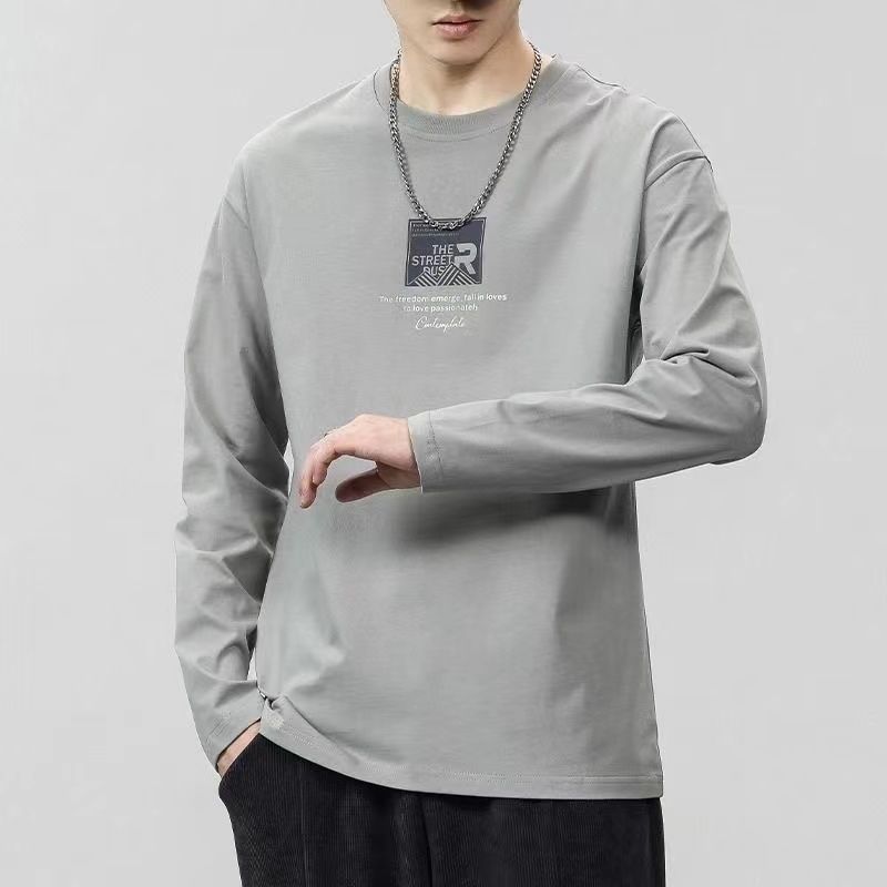 Autumn and winter pure cotton long-sleeved T-shirt men's trendy versatile casual T-shirt round neck  new bottoming shirt men's trendy brand