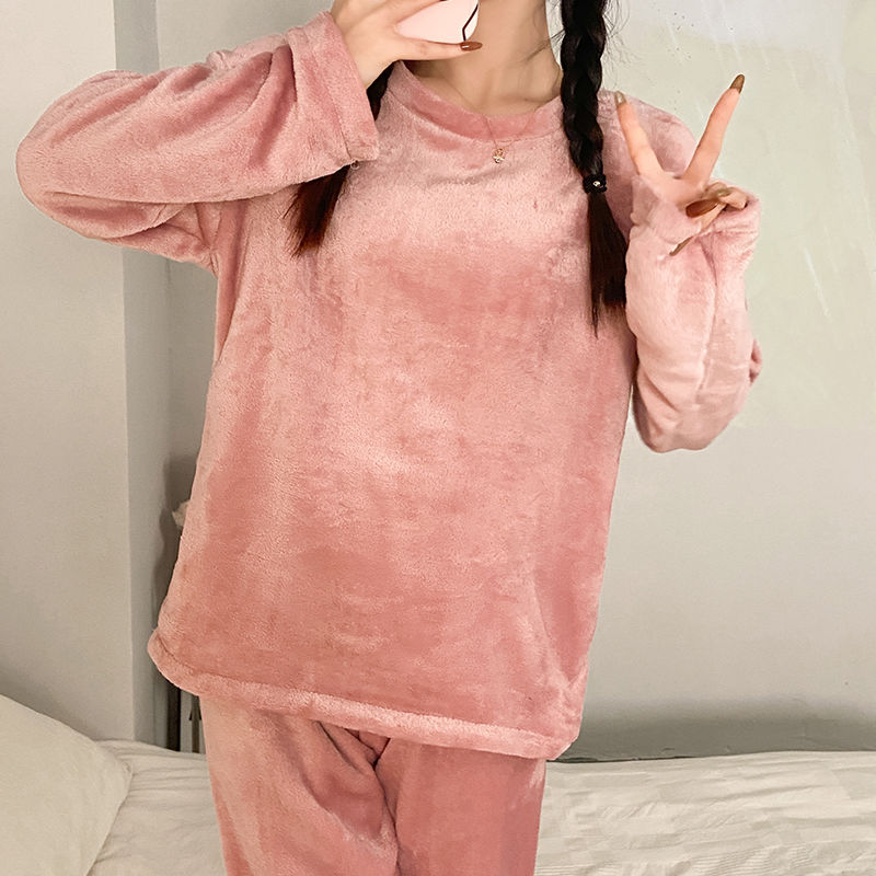 珊瑚絨睡衣女士秋冬季加厚加絨學生圓領卡通少女法蘭絨家居服套裝