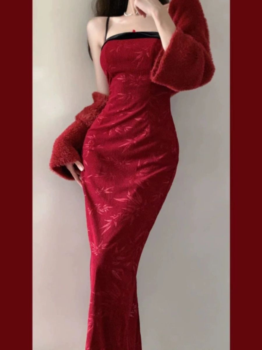 【品牌LALADUDU】胖mm新中式吊帶連衣裙女秋氣質修身顯瘦包臀長裙