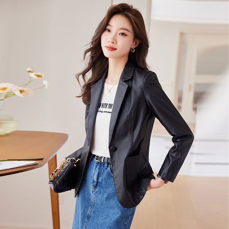 Brown leather jacket for women  new style small spring, autumn and winter popular tops casual temperament suit leather jacket