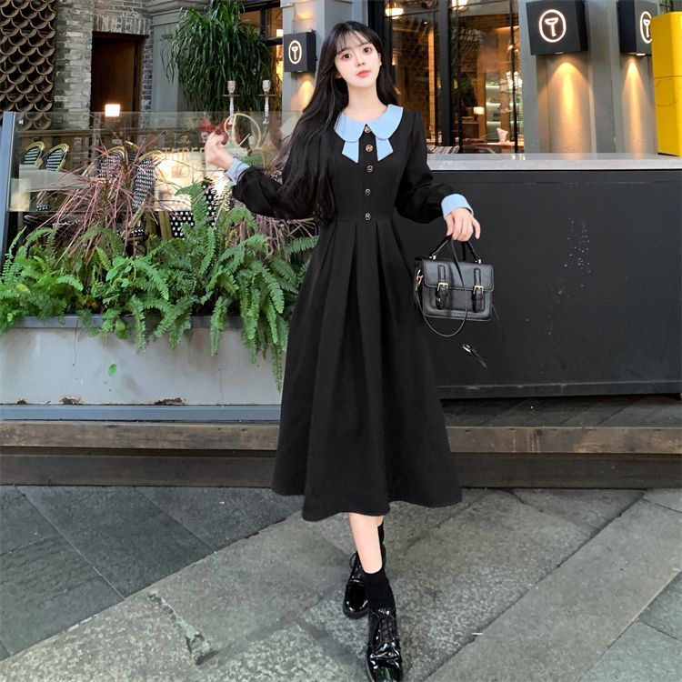 大碼女裝春秋新款微胖顯瘦設計感小眾法式假兩件娃娃領領連衣裙子