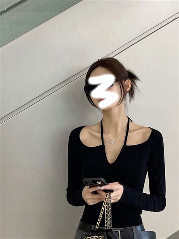 黑色v領掛脖長袖t恤女夏季春秋內搭打底衫設計感小眾辣妹短款上衣