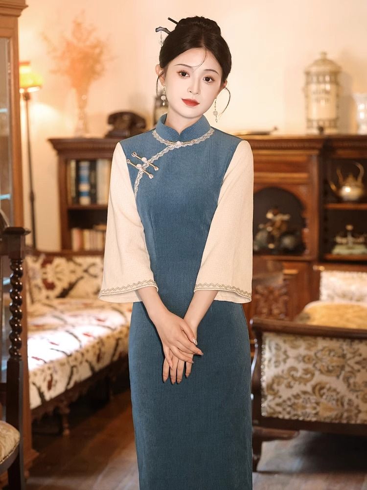 改良旗袍2023新款年輕款高端氣質少女秋款長袖撞色倒大袖日常可穿